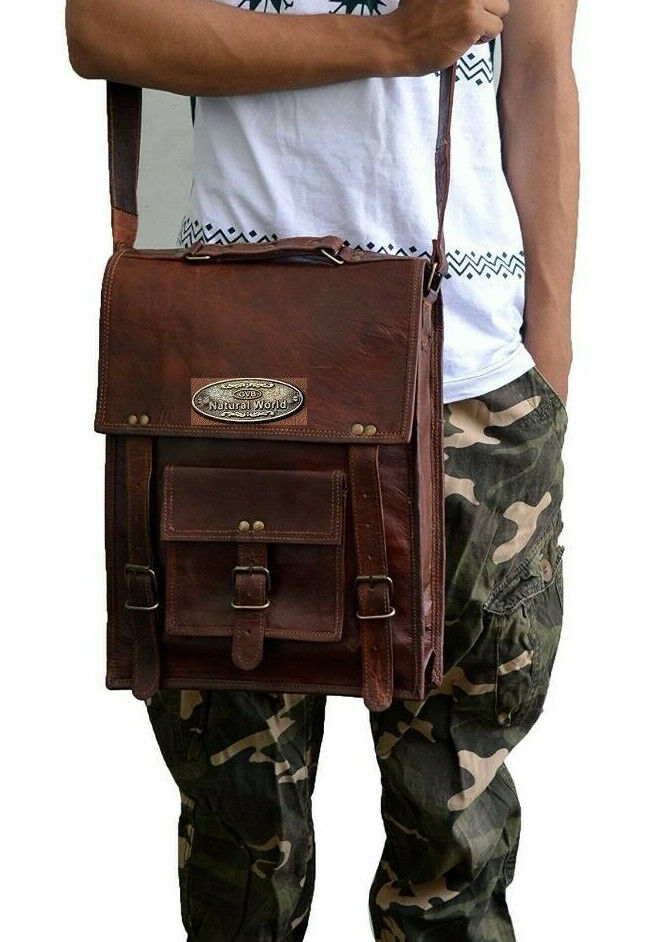 Vintage Vertical Camel-Hide Leather Messenger Briefcase Bag Man Business Laptop 24Hr Smart